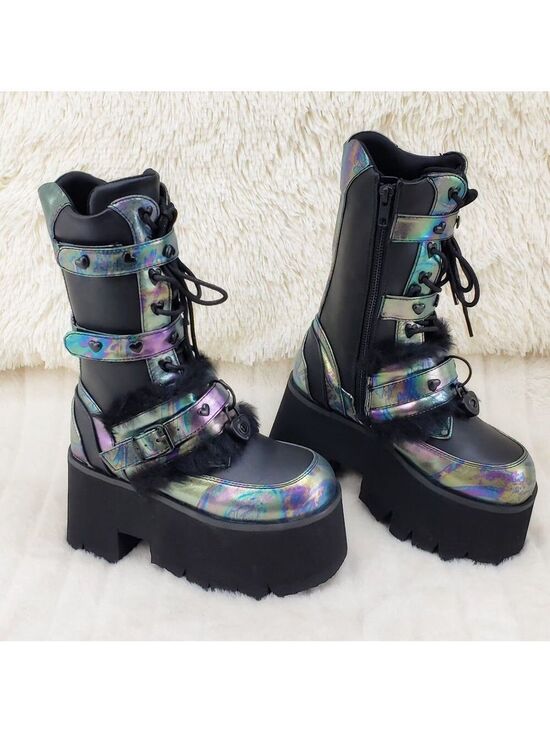 Demonia Shoes - Ash Goth Punk Furry Mid Calf Platform Boots